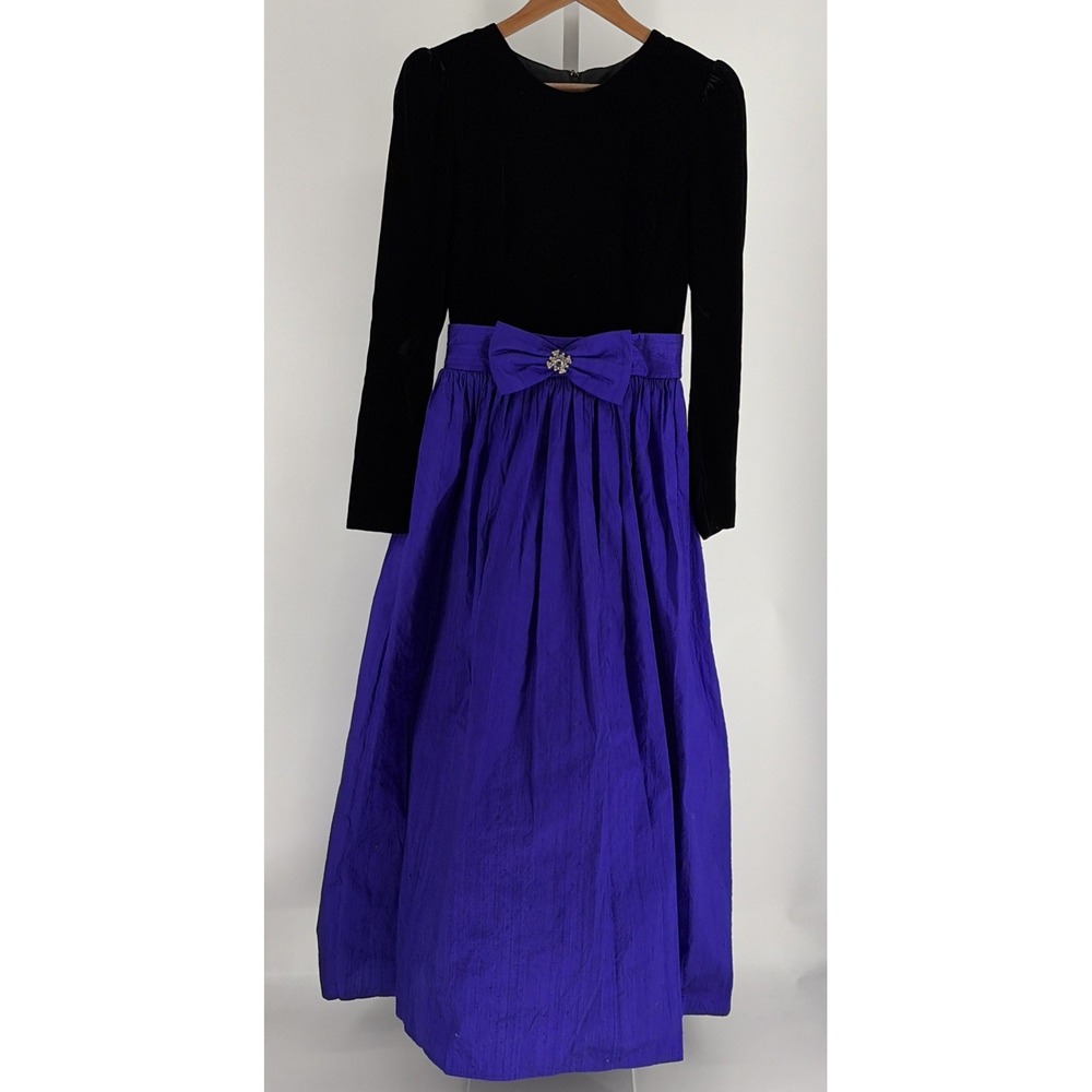 Jessica McClintock Black Velvet Purple Silk Skirt Bow Maxi Winter Formal Dress